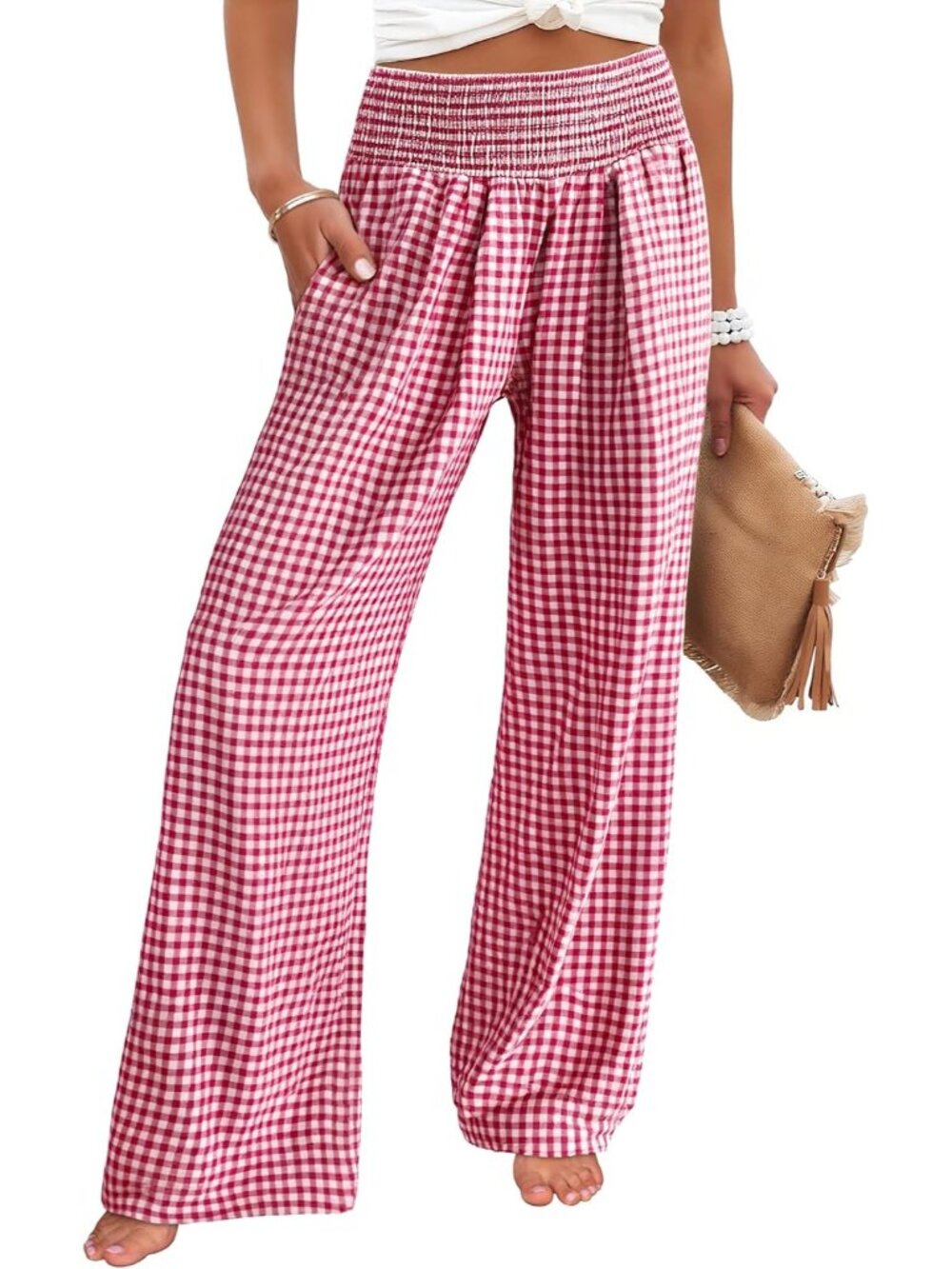 Women's Red White Plaid Striped Casual Wide Leg High Waisted Palazzo Pants